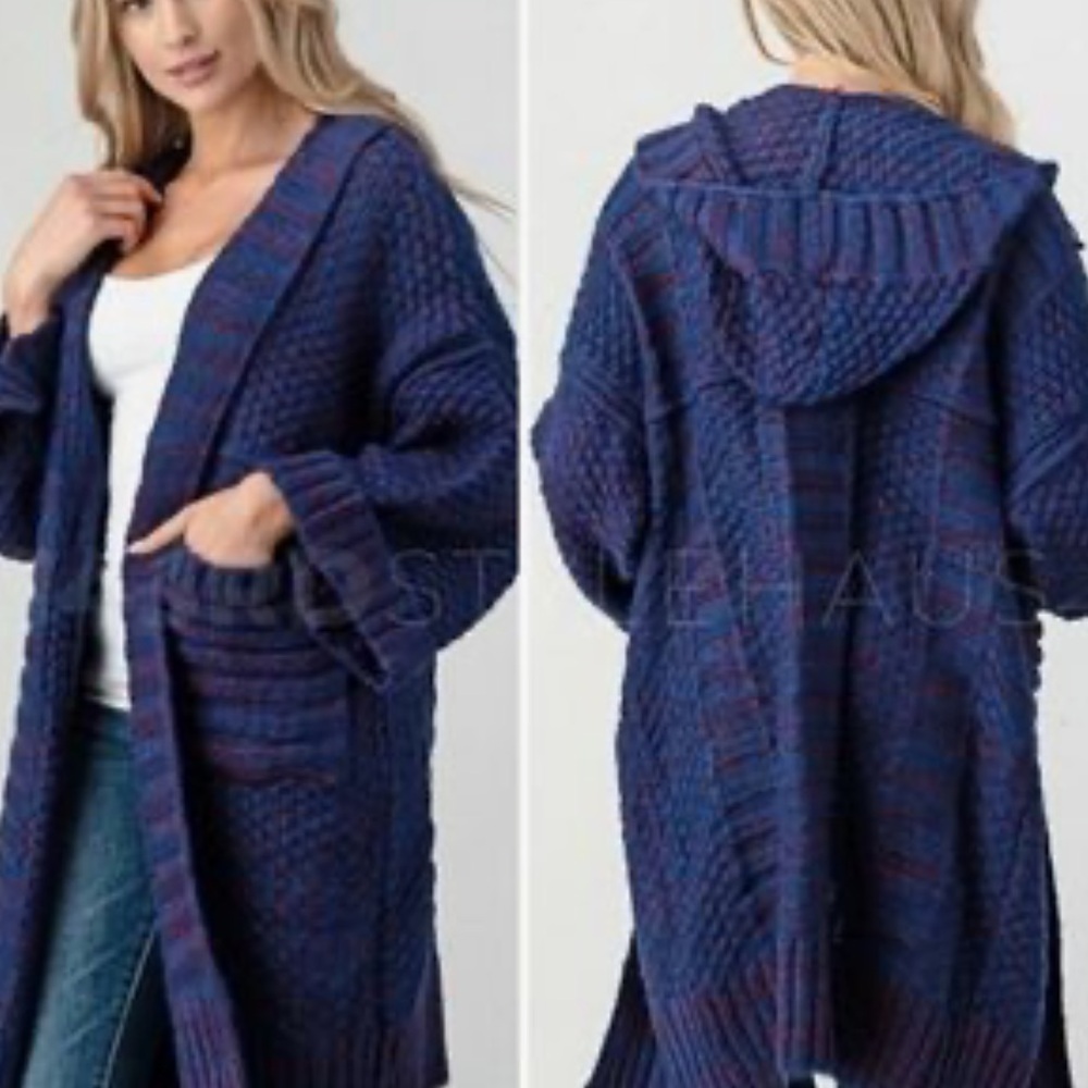 Free People Thick Knit Cozy Warm Honey Cloud Open Front Hooded Cardi Deep Purple